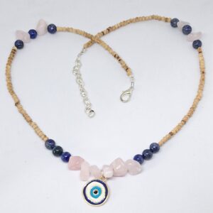 Evil Eye Lapis Lazuli Rose Quartz Pendant 56cm Necklace - Healing Communication and Mental Clarity